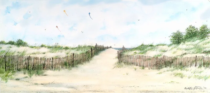 A happy watercolored dune scene with  kites soaring beyond the dunes on their ocean side.