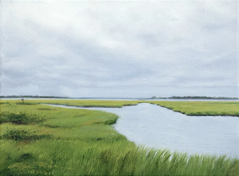 Rain drops hit bay water and marsh while a downpour is seen in the distance in this summer back bay painting by Ellen Rice.