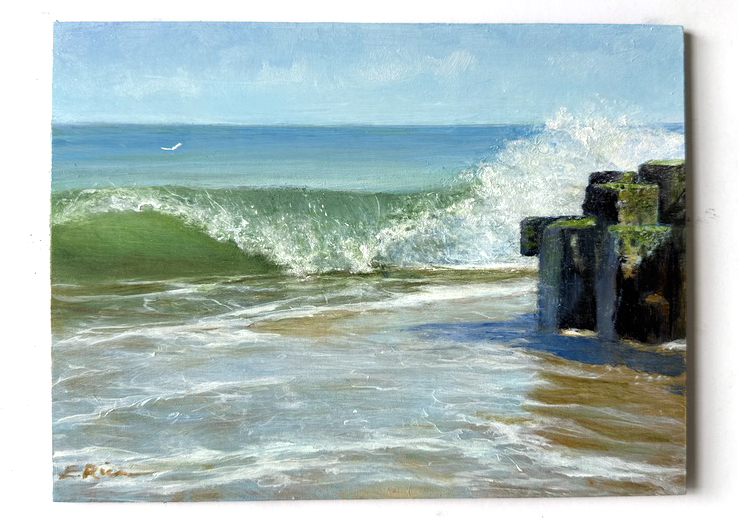 A wave crashes on shore headed for a moss covered jetty in this oil painting by celebrated contemporary American artist Ellen Rice.