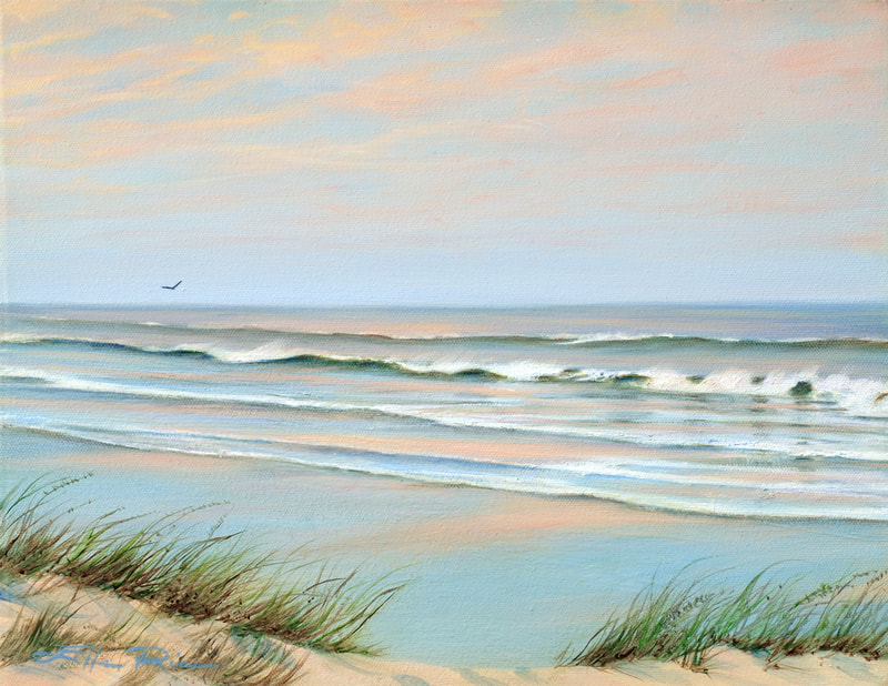 Surf's up is a softly lit scene portraying beach dunes and the ocean beyond.