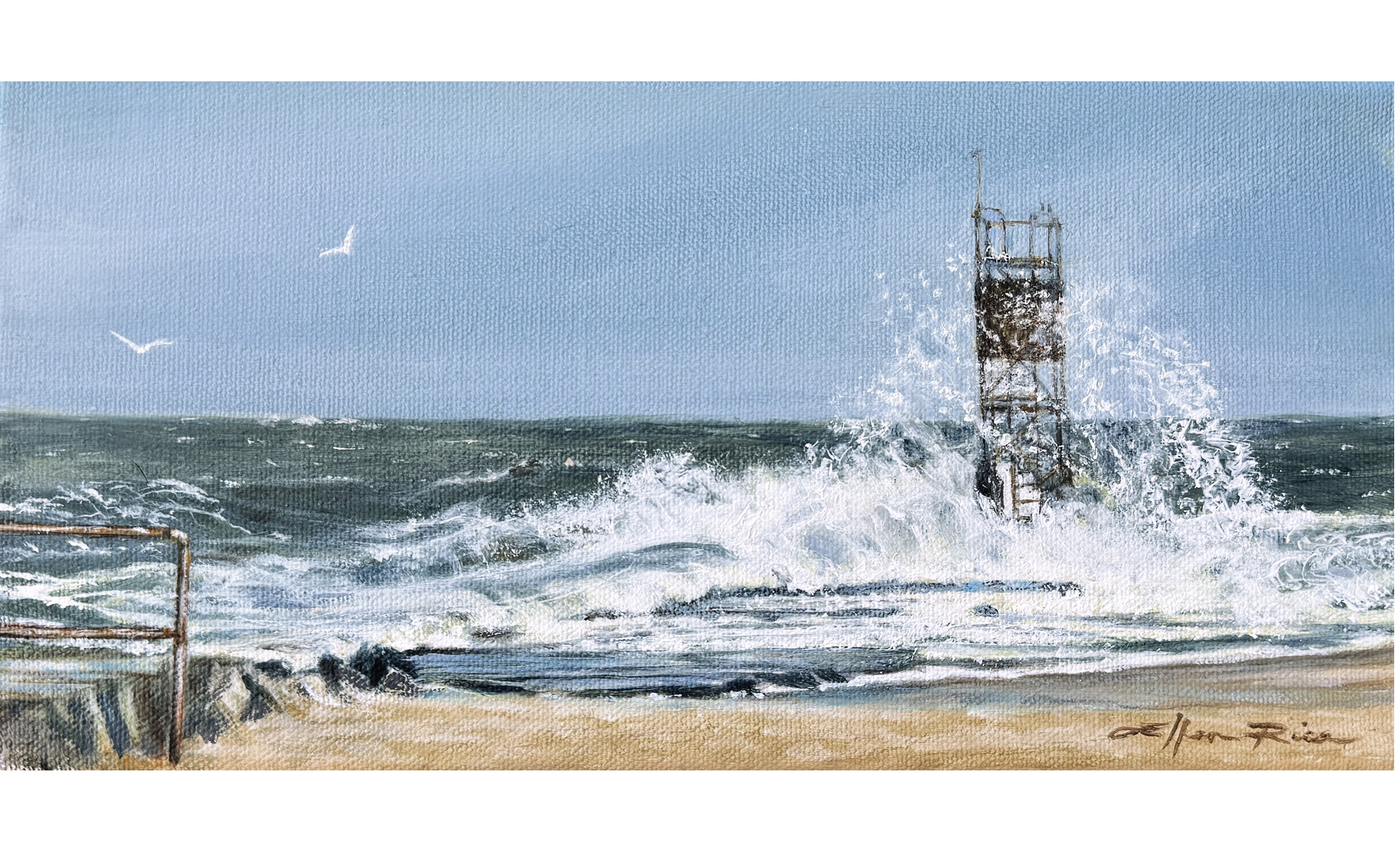 A radiant, small, oil painting of the sun rising over the Atlantic ocean, the sky gradually going from blazing on the horizon to deep blues, all reflected in a tidal pool in the foreground sand.