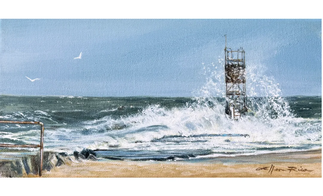 A radiant, small, oil painting of the sun rising over the Atlantic ocean, the sky gradually going from blazing on the horizon to deep blues, all reflected in a tidal pool in the foreground sand.