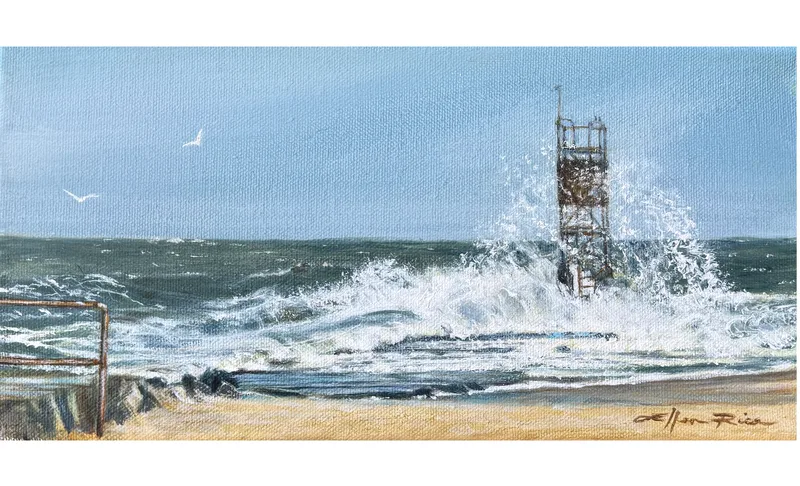 Sea foam swirls around the tower and rocks of the south jetty of Indian Rivre Inlet on a blustery day in this 6