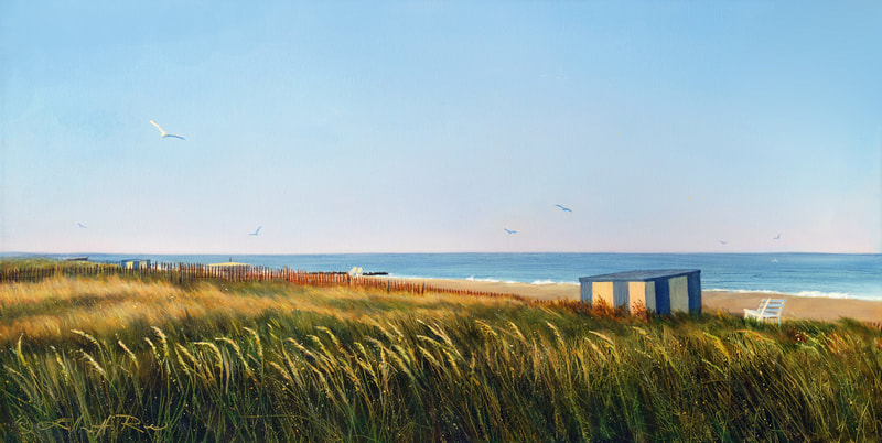 A lowering late afternoon sun sends golden light across sea grasses, bouncing off a beach umbrella shed and a lifeguard stand in this painting.