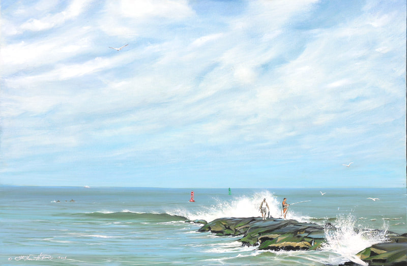 Oil painting of fishermen with their catches on the slippery rocks of jetty.