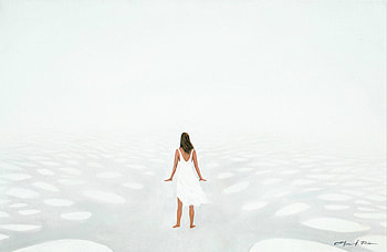 Painting of a woman standing undecided on a path with many branches,. It is Tree of Life. seen when standing at a distance.
