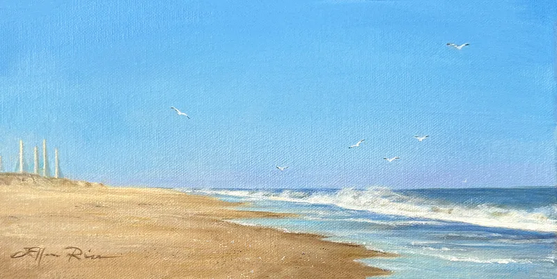 Seagulls swoop and dive over where the Atlantic Ocean and the south side of Indian River Inlet near the bridge, indicating the fish are biting in this Ellen Rice oil painting..