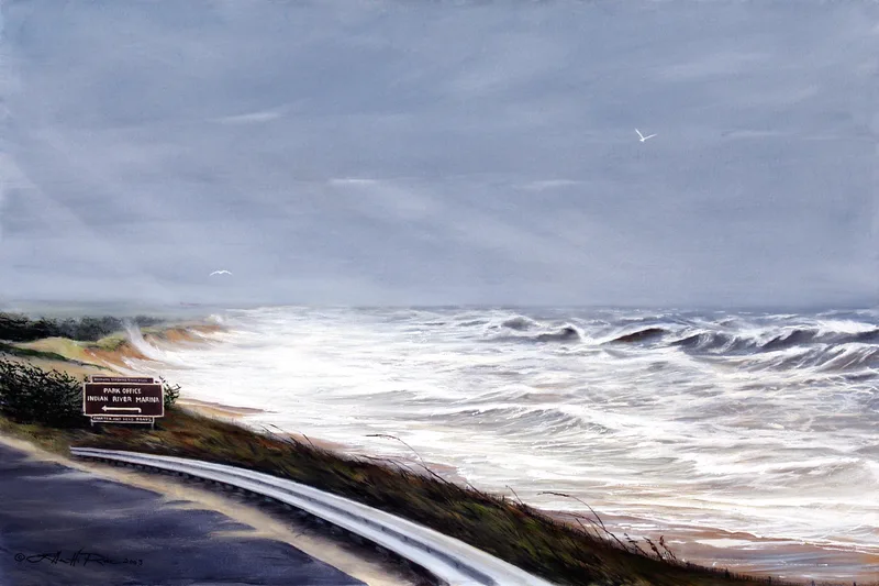 In this painting a nor'easter pounds the coast with wave after wave on the north side of Indian River Inlet.