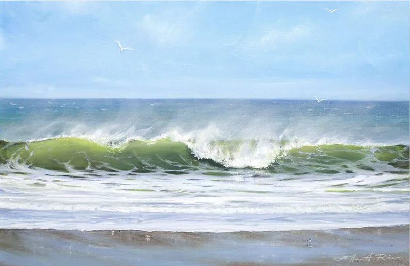 Painting of sun shining through rolling waves, sea foam flying off their tops in the breeze.