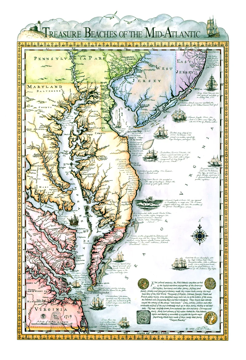 Treasure Beaches of the Mid-Atlantic map, a work of art and history by Ellen Rice.