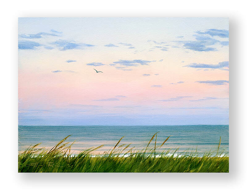 A seagull soaring above the ocean, silhouetted by the beautiful colors of twilight over the ocean with seagrasses blowing gently in the foreground in this oil painting.