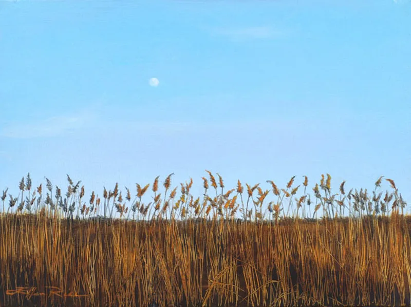 March grasses are lit by the setting sun while the moon rises behind them over the marsh in this oil painting.