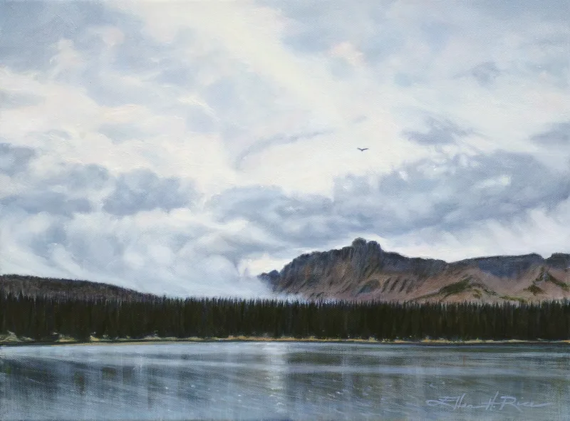 An eagle soars high above Mirror Lake in Utah in this oil painting.