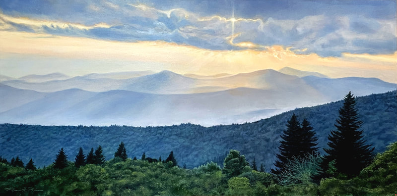 Painting of sunset in the Blue Ridge Mountains.