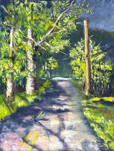 "Sycamore Lane"
Pastel, my reference
I love these trees and shoertly after taking the photo the power company cut them down.