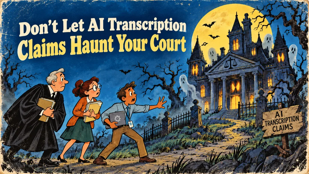 Judge, court clerk, and IT administrator approach a haunted courthouse labeled ‘AI Transcription Claims,’ beneath the headline ‘Don’t Let AI Transcription Claims Haunt Your Court.’