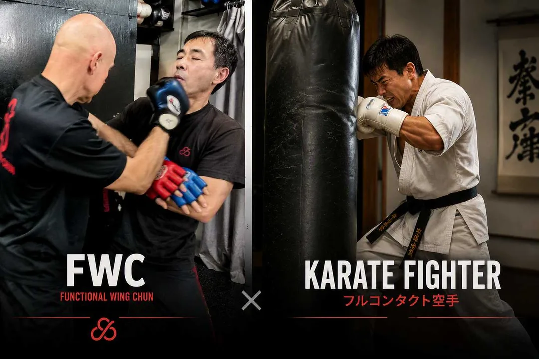 FWC wing chun vs Full contact Karate, the focus of the training is very different. FWC is an art that you can keep doing your whole life.