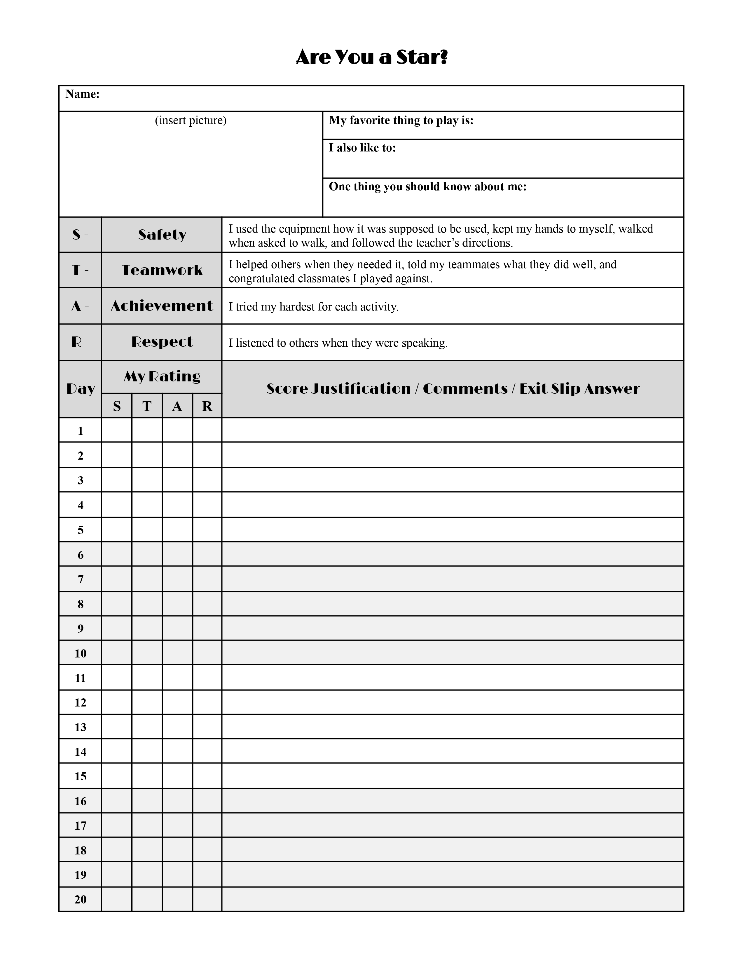 Picture of the STAR Rubric