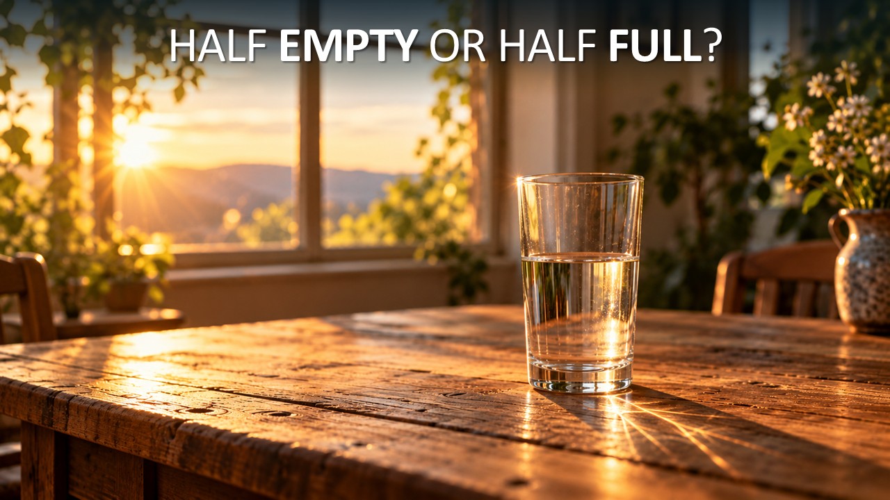 A clear glass of water, filled about halfway, stands on a rustic wooden table in warm golden sunlight, with a window behind showing a sunset over distant hills, green plants and a flower-filled vase. Headline across the top reads “Half empty or half full?” with “empty” and “full” in bold.