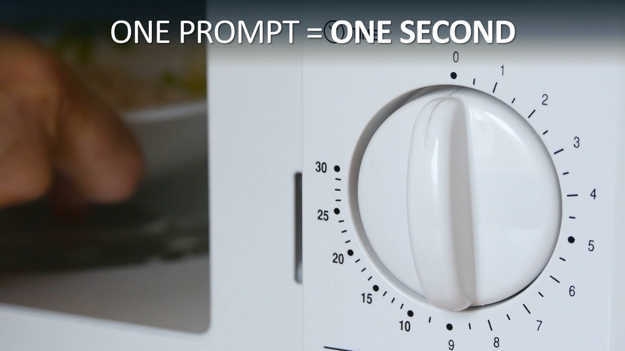 Close-up of a white microwave’s rotary timer dial, numbered from 0 to 30 around its edge, with the knob set at zero and a blurred hand visible in the out-of-focus door on the left. Headline across the top reads “One prompt = one second”, with “one second” in bold.