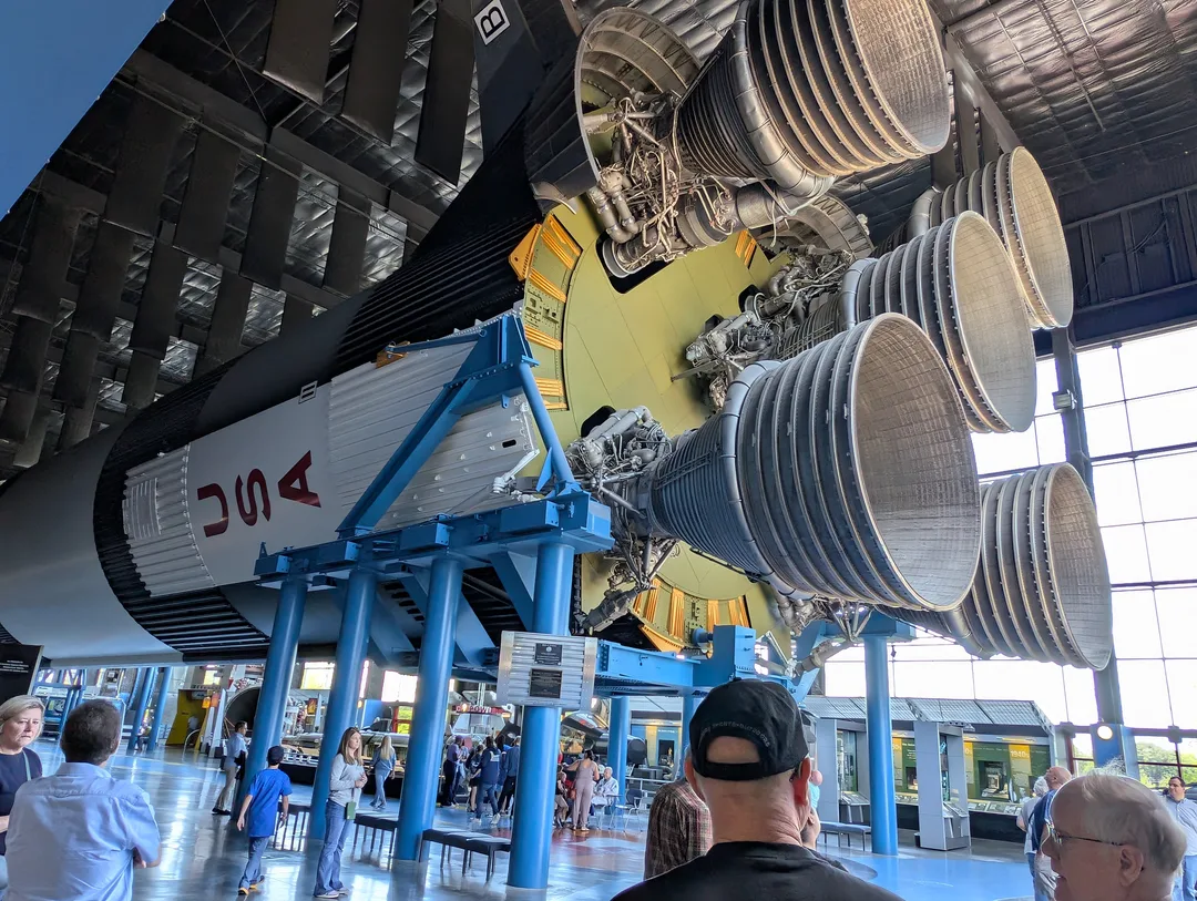 Saturn V rocket on its side at the U.S. Space and Rocket Center