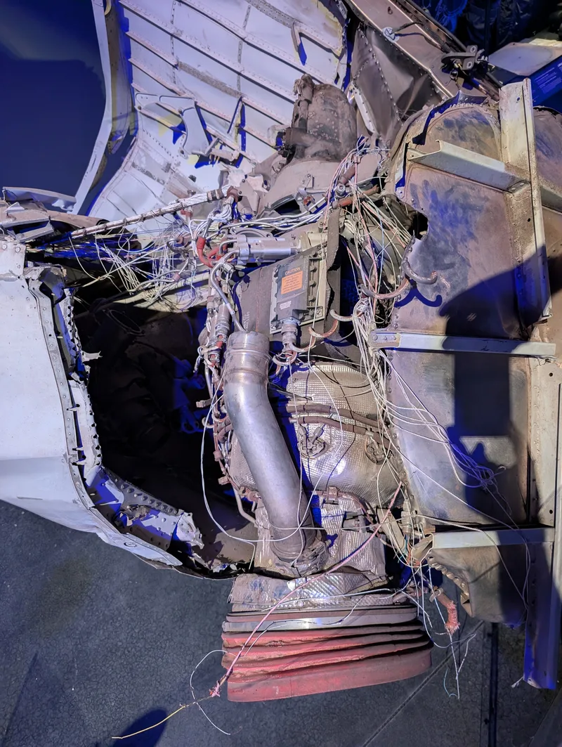 Damaged tail end of an airplane