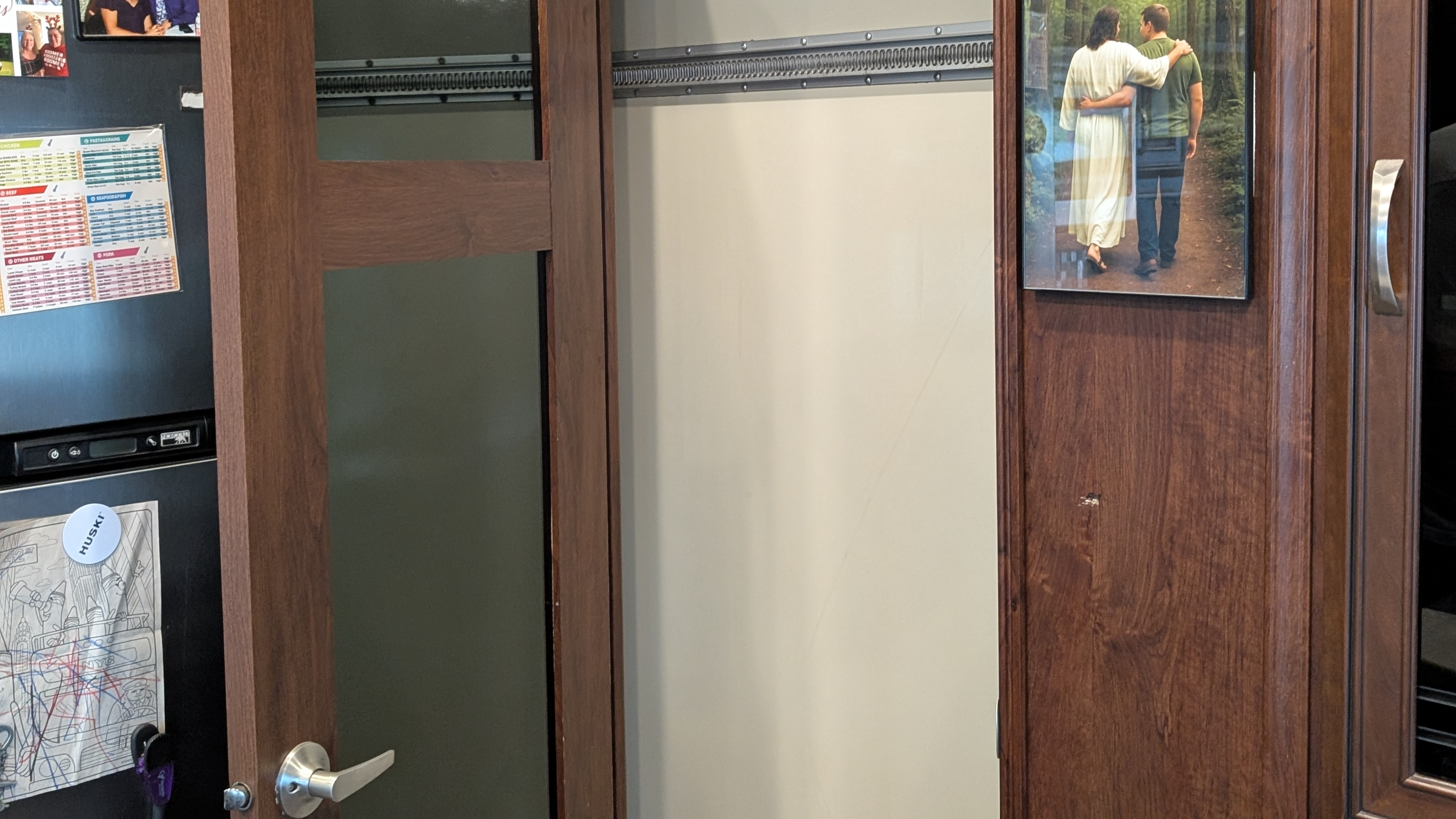 A closed RV slideout from inside the rig