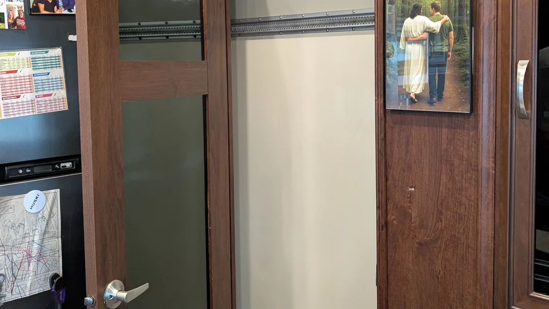 A closed RV slideout from inside the rig