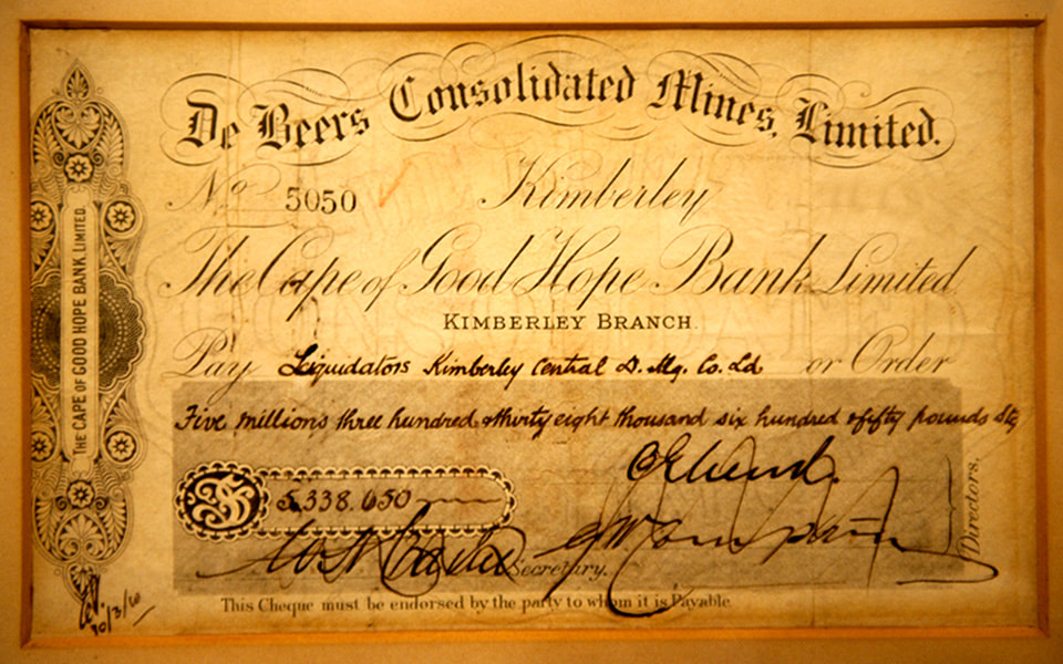 The cheque for £5,338,650 written by Cecil Rhodes to acquire the Kimberley Central Diamond Mining Company