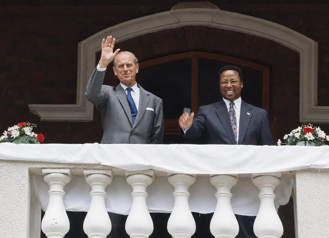 Prince Philip with Manne Dipico during his 1995 visit to Kimberley.