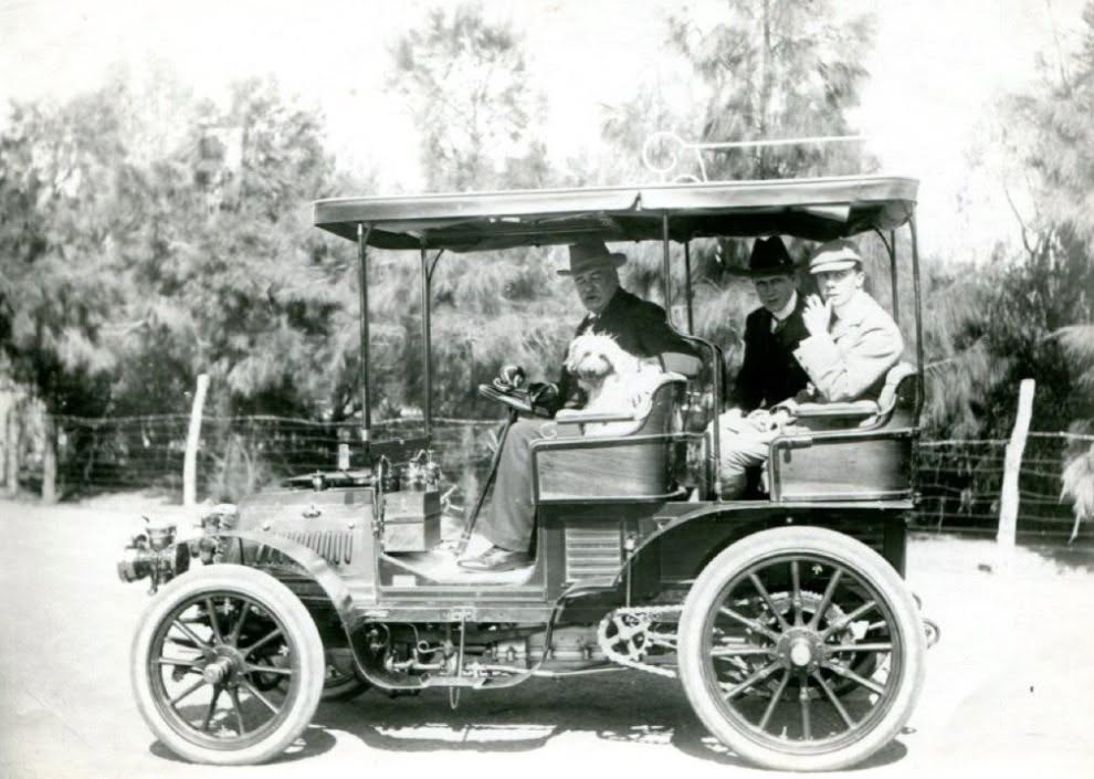 Gardner Williams, first general manager of De Beers, at the wheel of his Panhard et Levassor automobile, c 1901