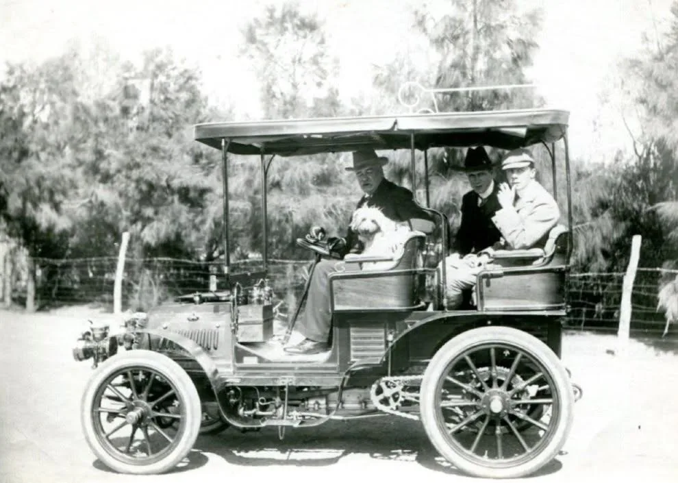 Gardner Williams, first general manager of De Beers, at the wheel of his Panhard et Levassor automobile, c 1901