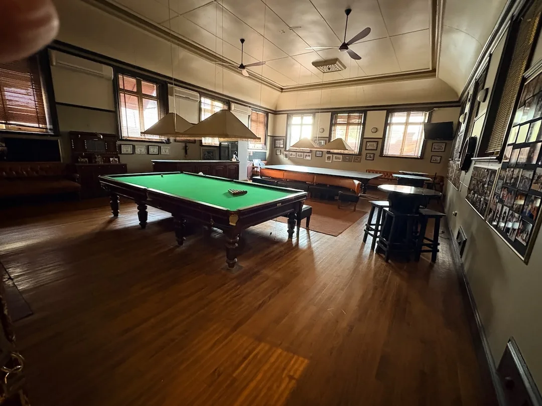 Billiards Room at the Kimberley Club in Kimberley, with historic furnishings and traditional Club interior.