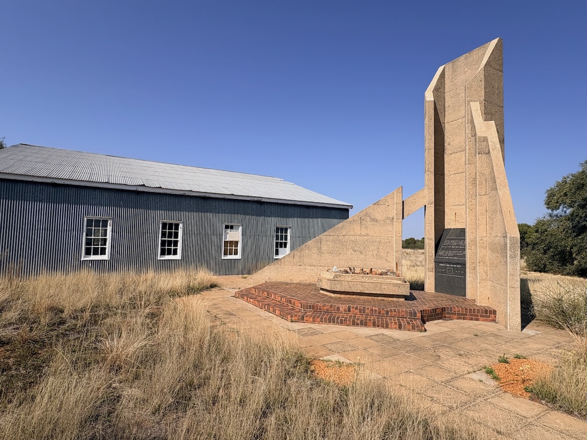 Reconstructed flying school hangar and aviation memorial at the Pioneers of Aviation Museum, Alexandersfontein.