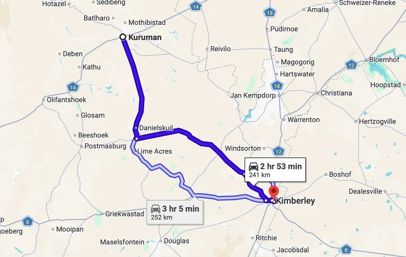 Map Kuruman to Kimberley