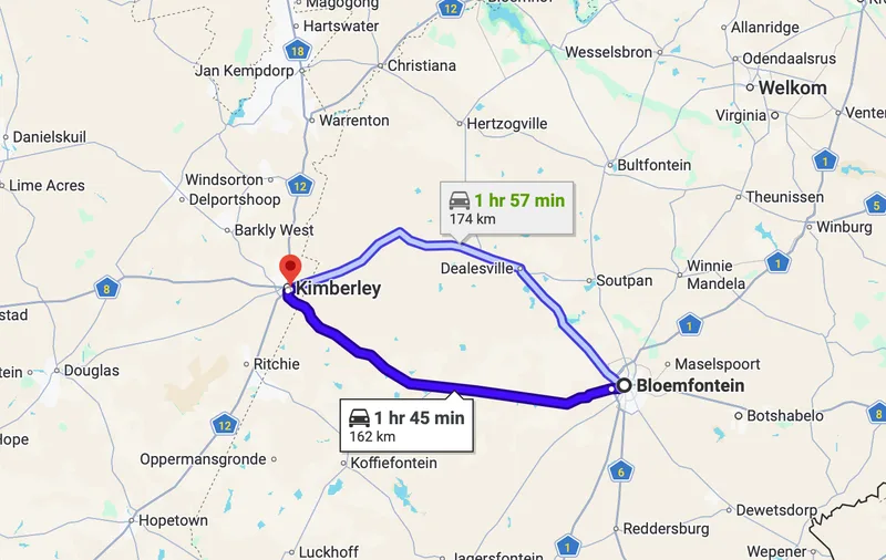 Map Bloemfontein to Kimberley