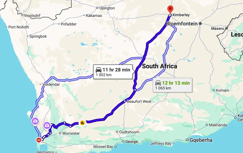 Map Cape Town to Kimberley
