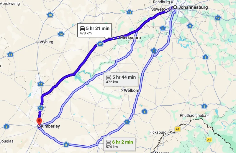 Map Johannesburg to Kimberley
