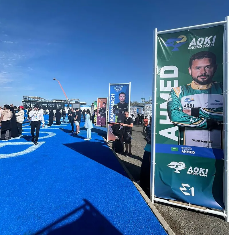 E1 Jeddah event site with racing team branding and guest areas in Saudi Arabia