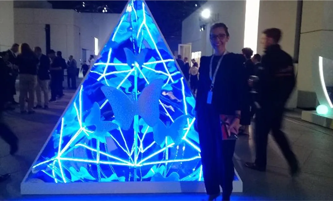 Translucent triangular installation with decorative graphics enclosed by a plywood scenic frame.
