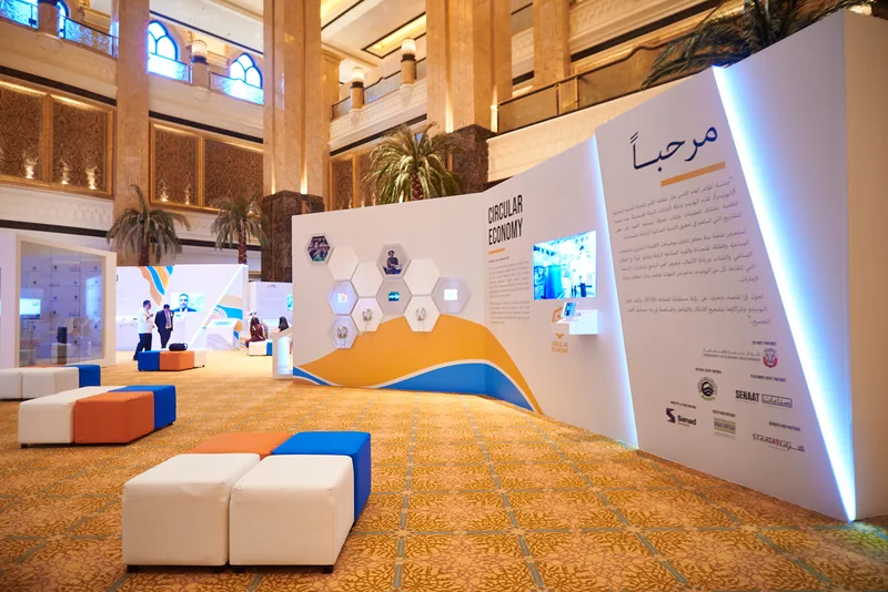 UNIDO Abu Dhabi exhibition fit-out with custom scenic construction throughout the Emirates Palace atrium