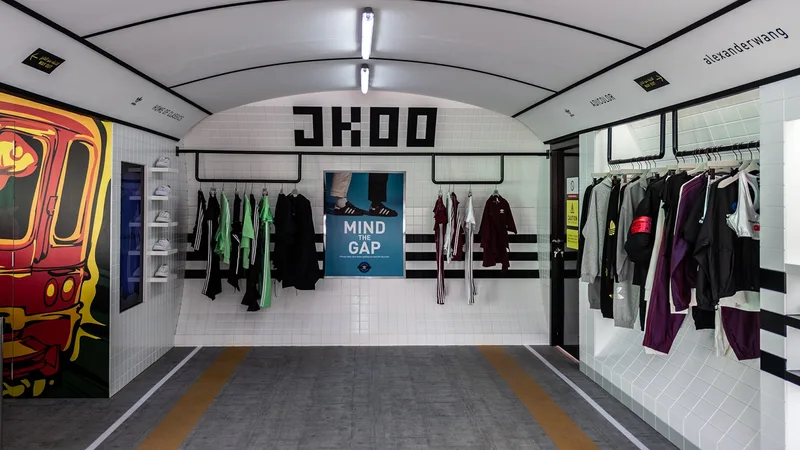 Multi-level Adidas retail environment incorporating branded scenic panels and architectural features.