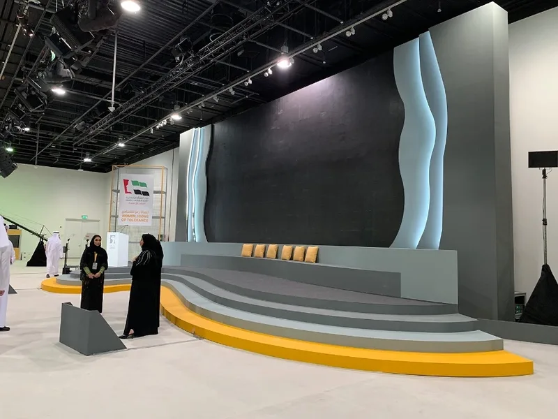 Timber and MDF tiered stage platform fabricated for ADNOC’s Abu Dhabi event.