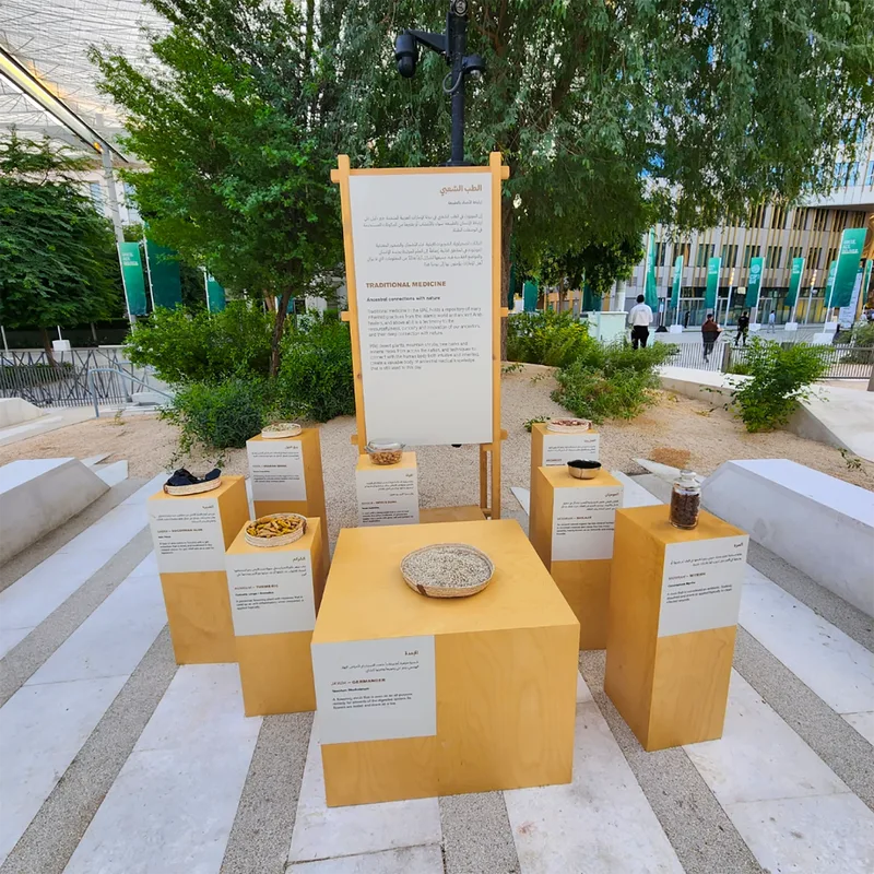 Evolution Scenic open-frame display structures supporting traditional date-palm weaving demonstrations.