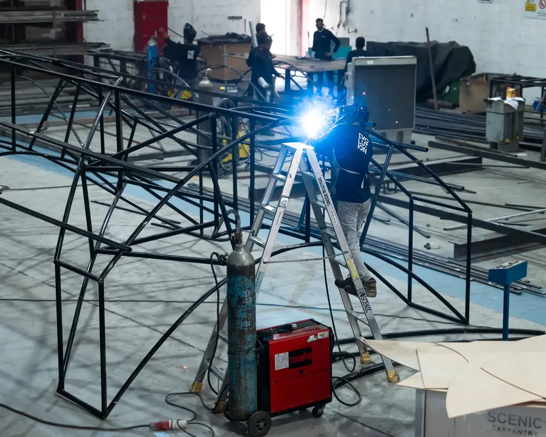 Evolution Scenic modular steel framework for a large temporary scenic structure during workshop assembly
