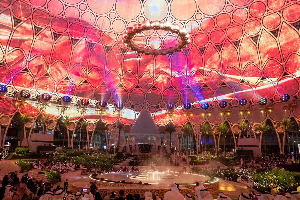 Evolution Scenic fabricated gold ring cladding suspended beneath Al Wasl Dome in Dubai.
