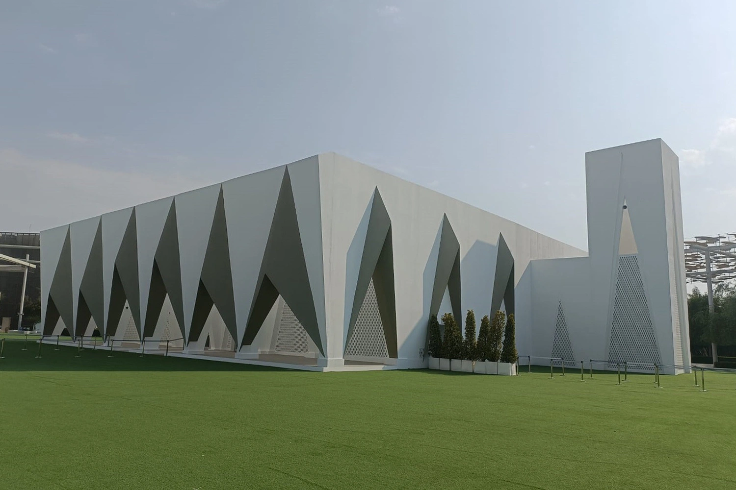 Evolution Scenic temporary mosque façade with triangular portals at Expo City Dubai. 