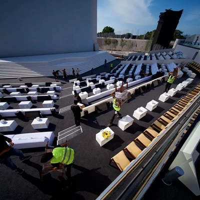 Evolution Scenic temporary architecture combining structure, joinery, lighting and furniture fabrication.