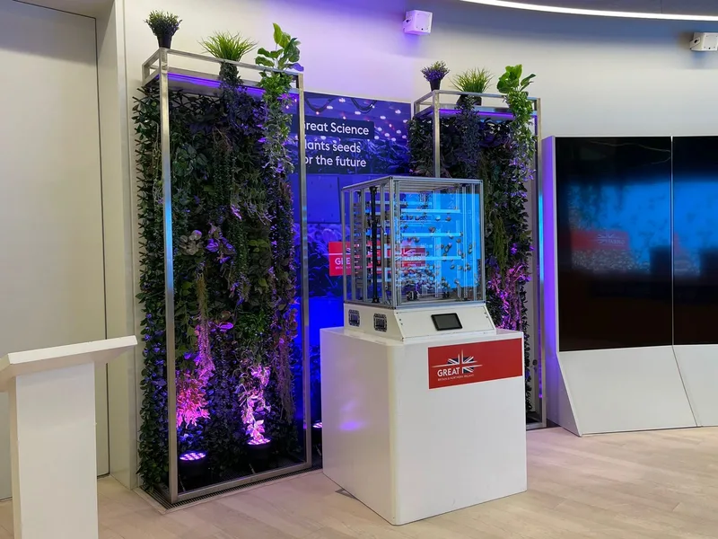Bespoke MDF-clad interior structure fabricated for the UK Pavilion exhibition environment in Dubai.