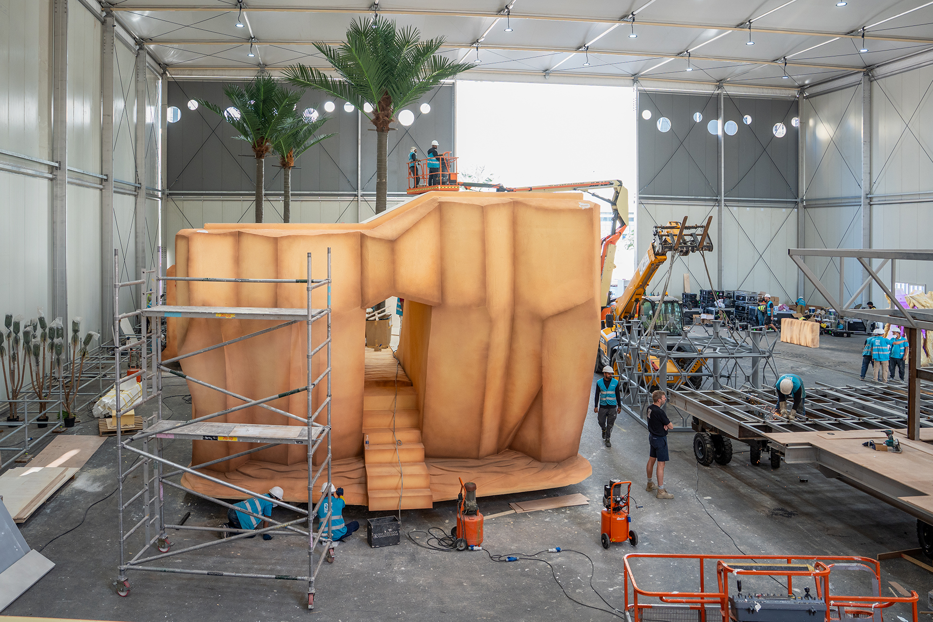 Evolution Scenic labelled CNC components organised for a large-scale scenic fabrication build
